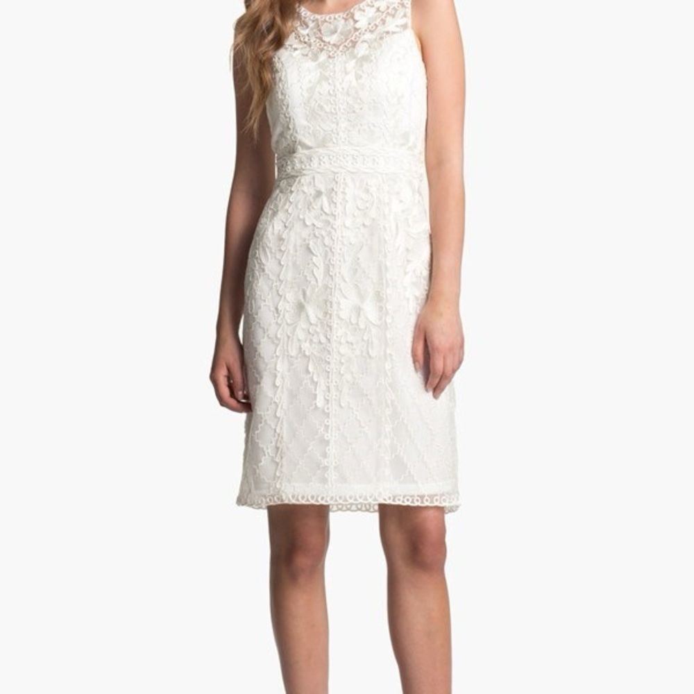 Sue Wong Embroidered Mesh Sleeveless Sheath Dress in Ivory Color Size 8